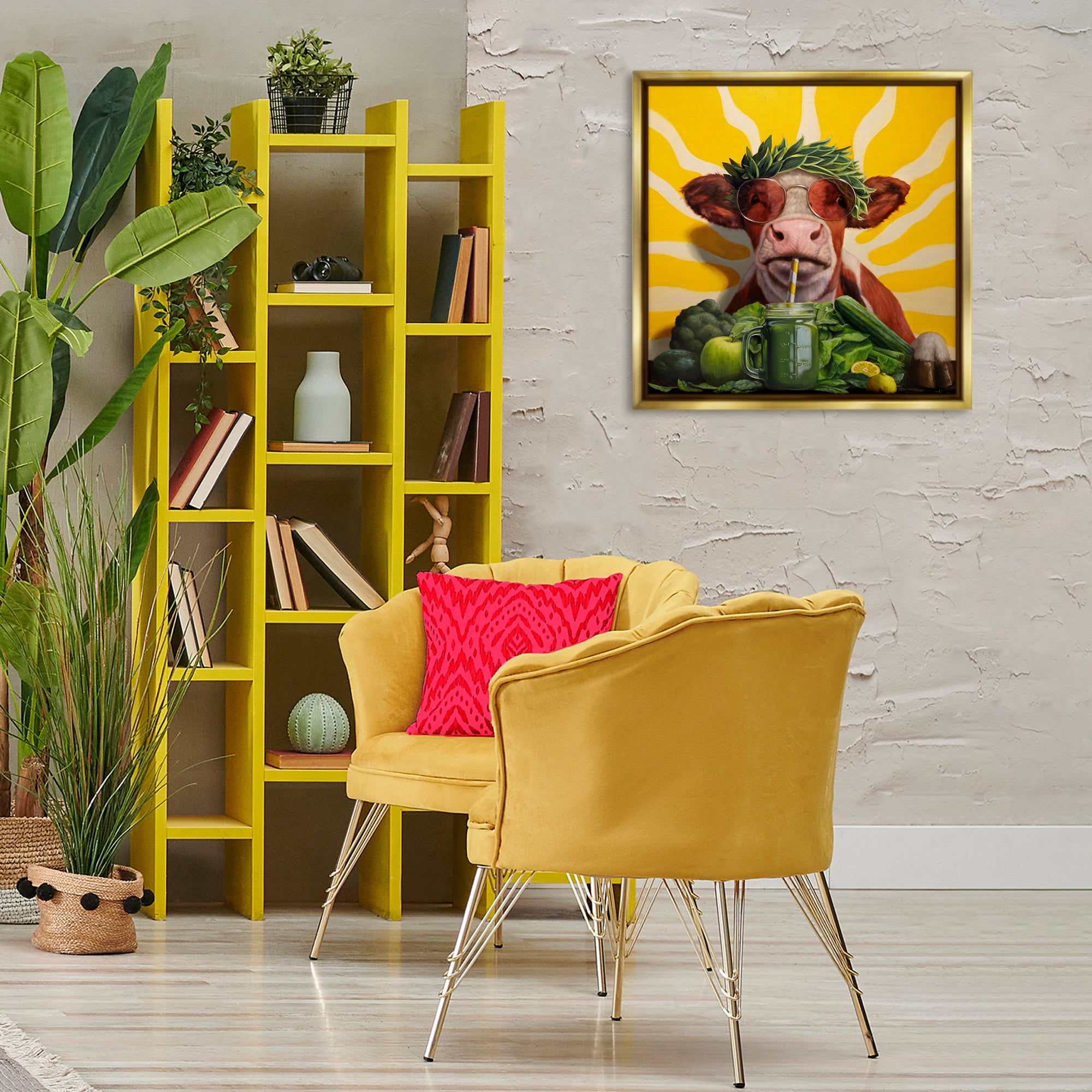 Stupell Industries Cow with Healthy Smoothie Food & Beverage Painting Gold Floater Framed Canvas Art Print Wall Art, 25 x 25