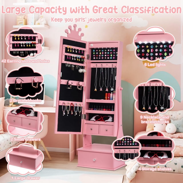 GloryStar Kids Jewelry Armoire, Child Jewelry Cabinet with Led Light, Freestanding Jewelry Organizer with Full-Length Mirror, 3 Storage Drawers, Kids Vanity Dress Up Mirror Jewelry Cabinet for Girls