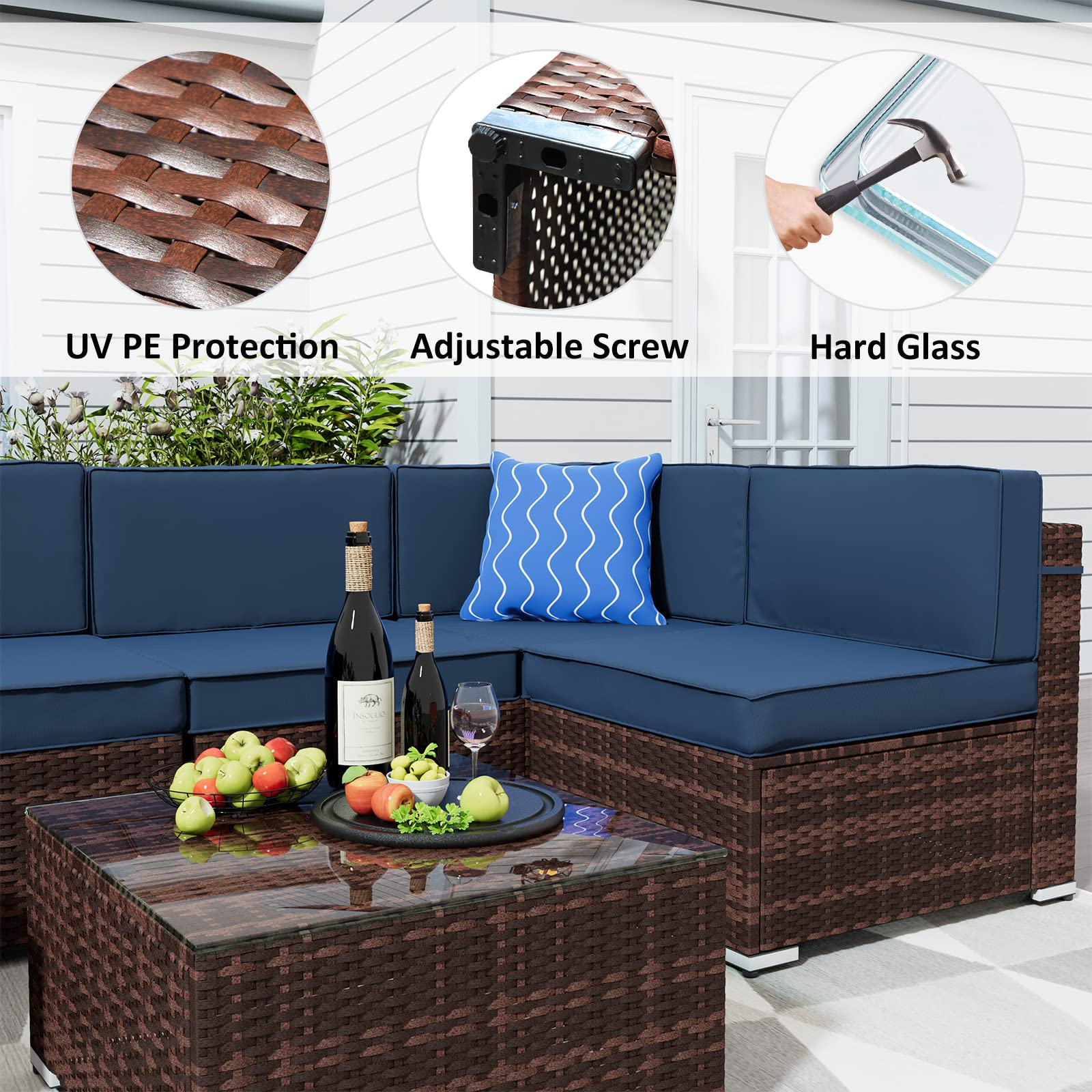 Amopatio 7 Pieces Patio Conversation Set, Outdoor Sectional PE Rattan Wicker Furniture Seat,Blue