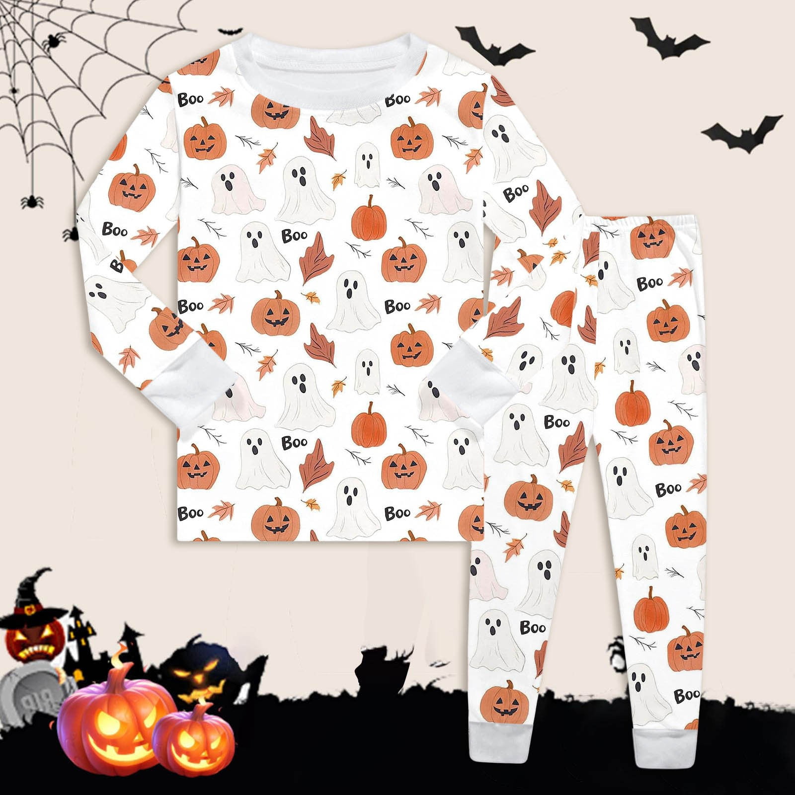 FYDUU Toddler 2 Pieces Pajama Sets Boys Girls Halloween Pajama Set Long Sleeve Pants Sleepwear Outfits Cute Pumpkin Print Kids Loungewear 2-3 Years