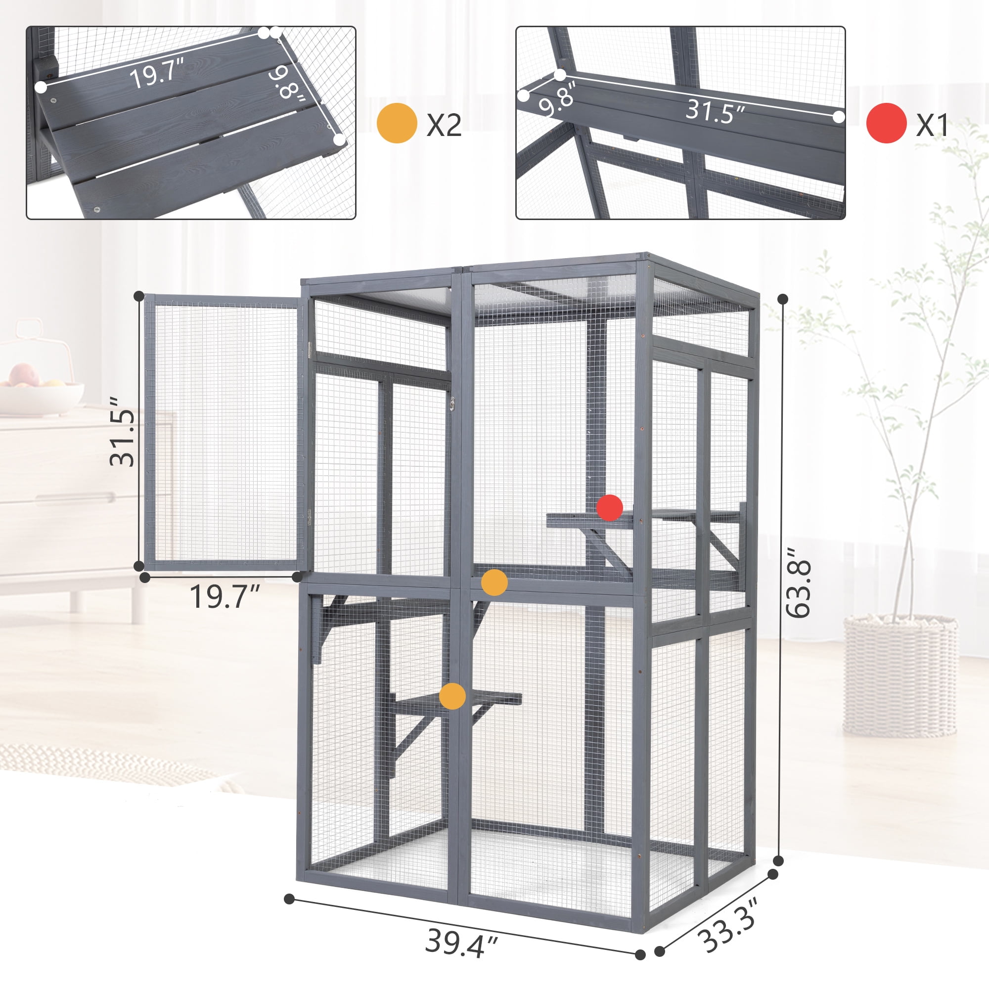 Pefilos 64" Cat House Outdoor Catio Cat Enclosures Wooden Kitty House with Platforms, Waterproof Roof, Hammock, Gray Pefilos 64" Cat House Outdoor Catio Cat Enclosures Wooden Kitty House with Platforms, Waterproof Roof, Hammock, Gray