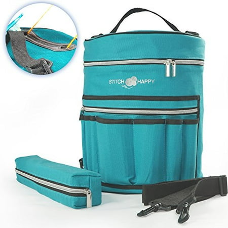 Stitch Happy Knitting Bag With 7 Multi Use Pockets For Storing Crochet Supplies And Interior Organizer For Thread Wool Yarn Peacock
