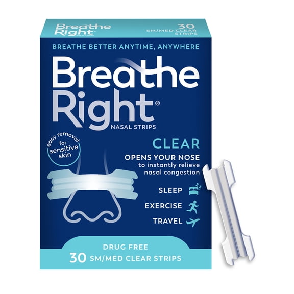Breathe Right Original Nasal Strips, Clear, Small/ Medium, For Sensitive Skin, 30 Count
