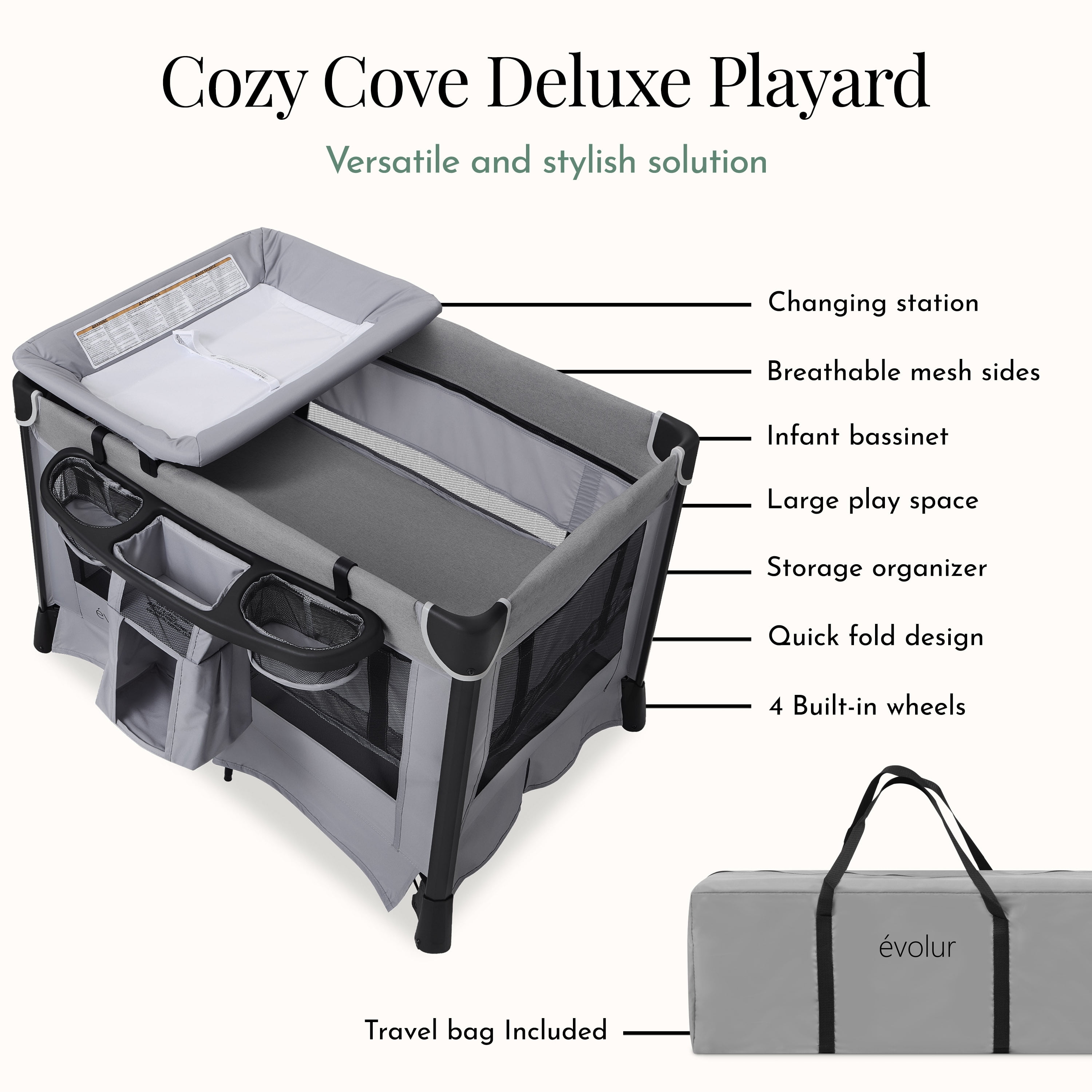 Evolur Cozy Cove All-in-One Portable Playard Gray with Bassinet & Changing Table – Quick-Fold Travel Playard with Breathable Mesh Sides, Travel Bag Included