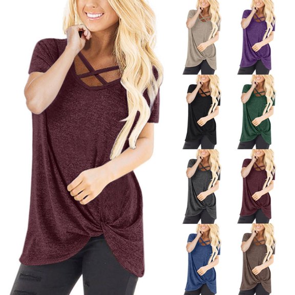 Hrsba V Neck Tops Solid Color V Neck Short Sleeve Loose Tee with Side Tie Design for Women