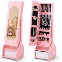CHARMAID Kids Jewelry Armoire Cabinet - Standing jewelry Organizer for Girls, Full Length Mirror, Storage Drawers and Shelves, Kids Vanity Dressing Mirror with Storage (Pink)