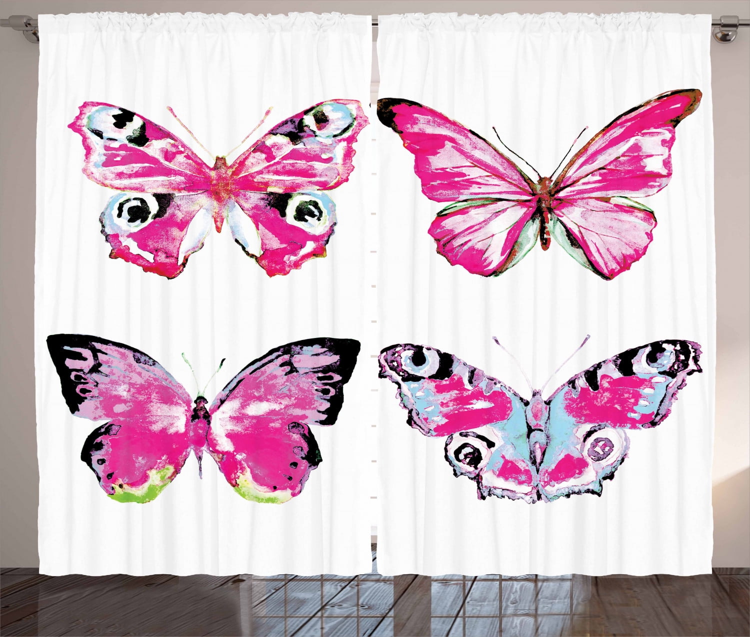 Watercolor Curtains 2 Panels Set, Set of Artistic Butterflies Spring