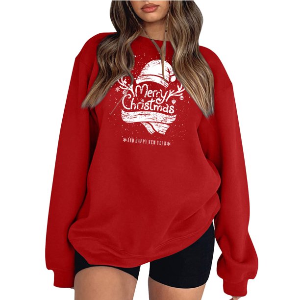 Gibobby Sudaderas Navideñas para Mujeres Sudadera con capucha estampada navideña holgada para mujer con mangas hasta los hombros(Rojo,G)