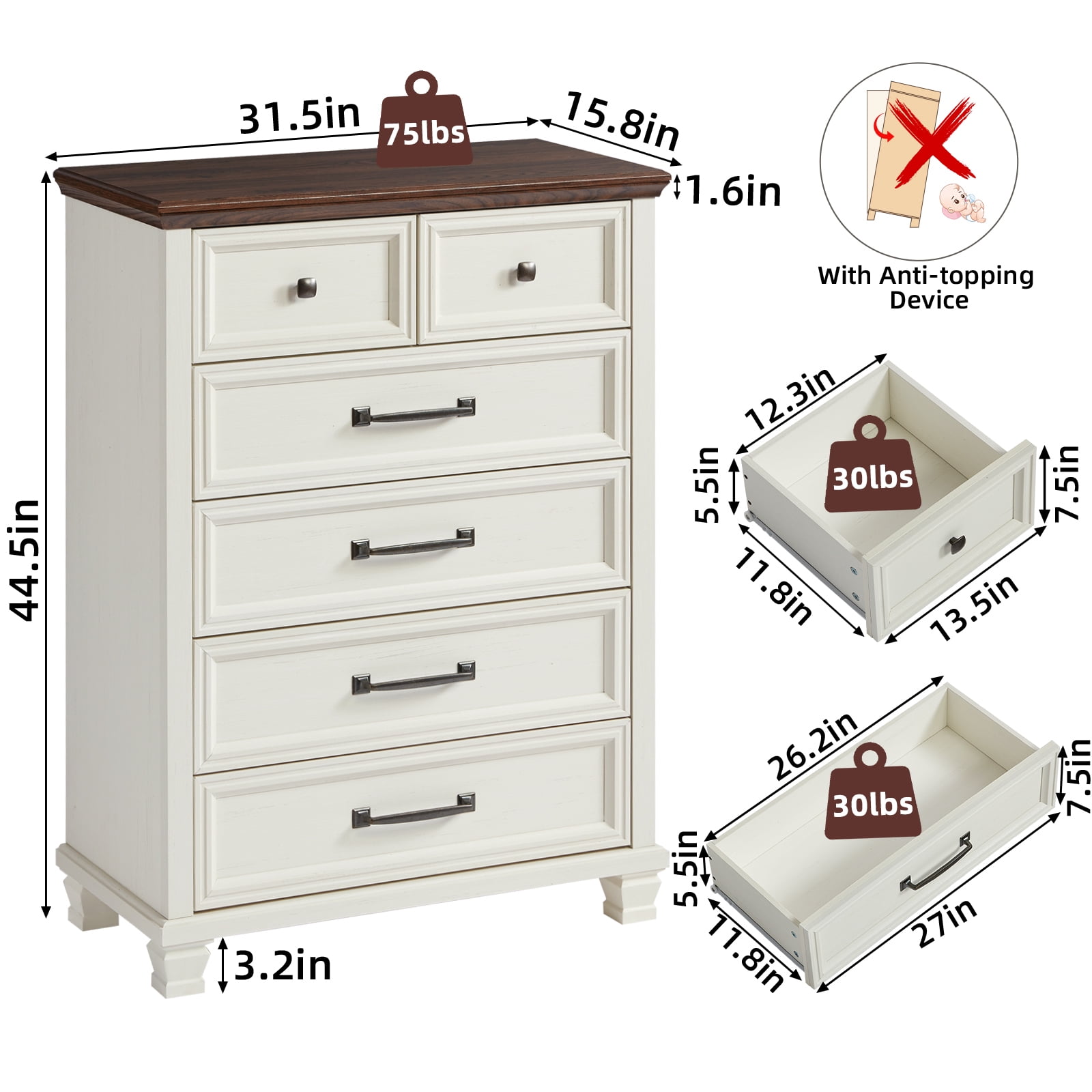 LELELINKY 6 Drawer White Dresser, Wood Storage Cabinet with Easy Pull Out Handles for Living Room,Chest of Drawers for Bedroom