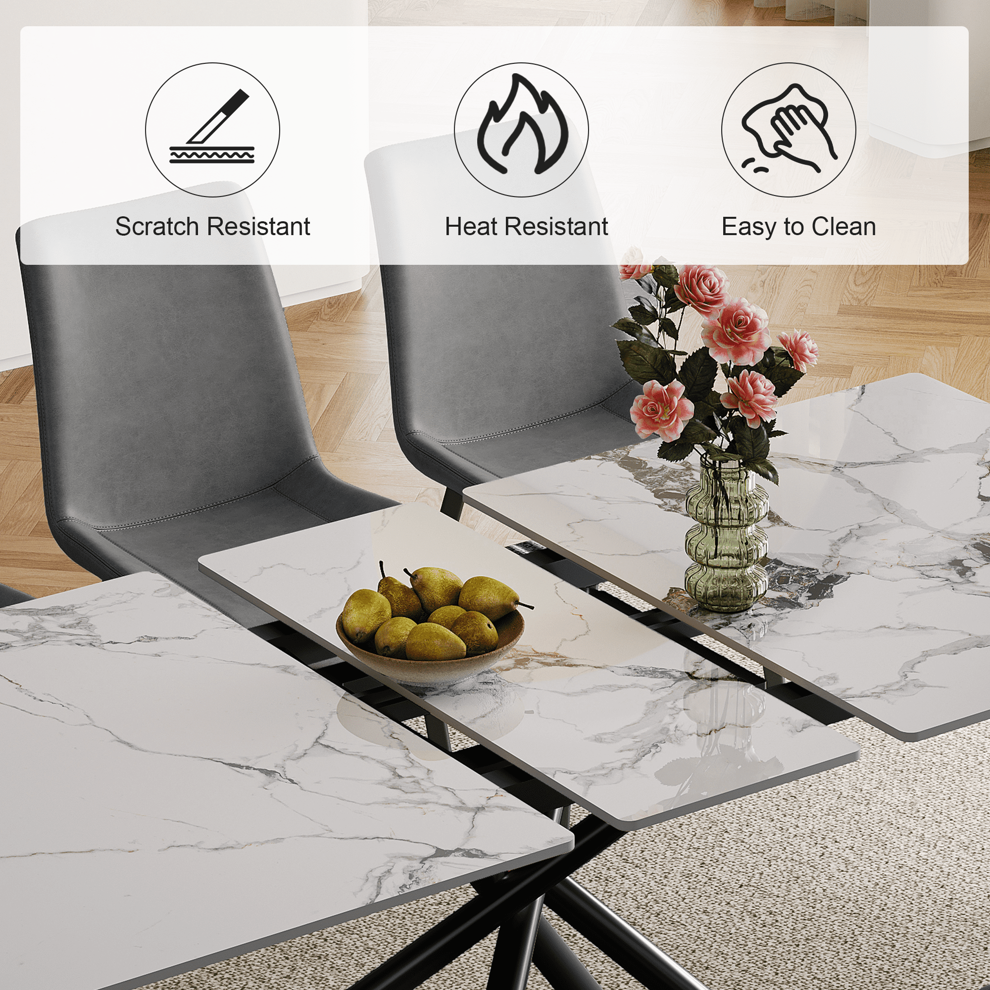 Montary 59-inch Modern Rectangle Expandable Dining Table with Retractable Leaf, Sintered Stone Top & Black Carbon Steel X-Base, Dining Table Set with 8 Gray PU Chairs for Apartments, Kitchen