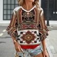 thumbnail image 3 of Ornate Red Gold Textile Design Women's V-Neck Blouse With 3/4 Ruffled Bell Sleeves Casual Top Ladies Blouses, 3 of 7