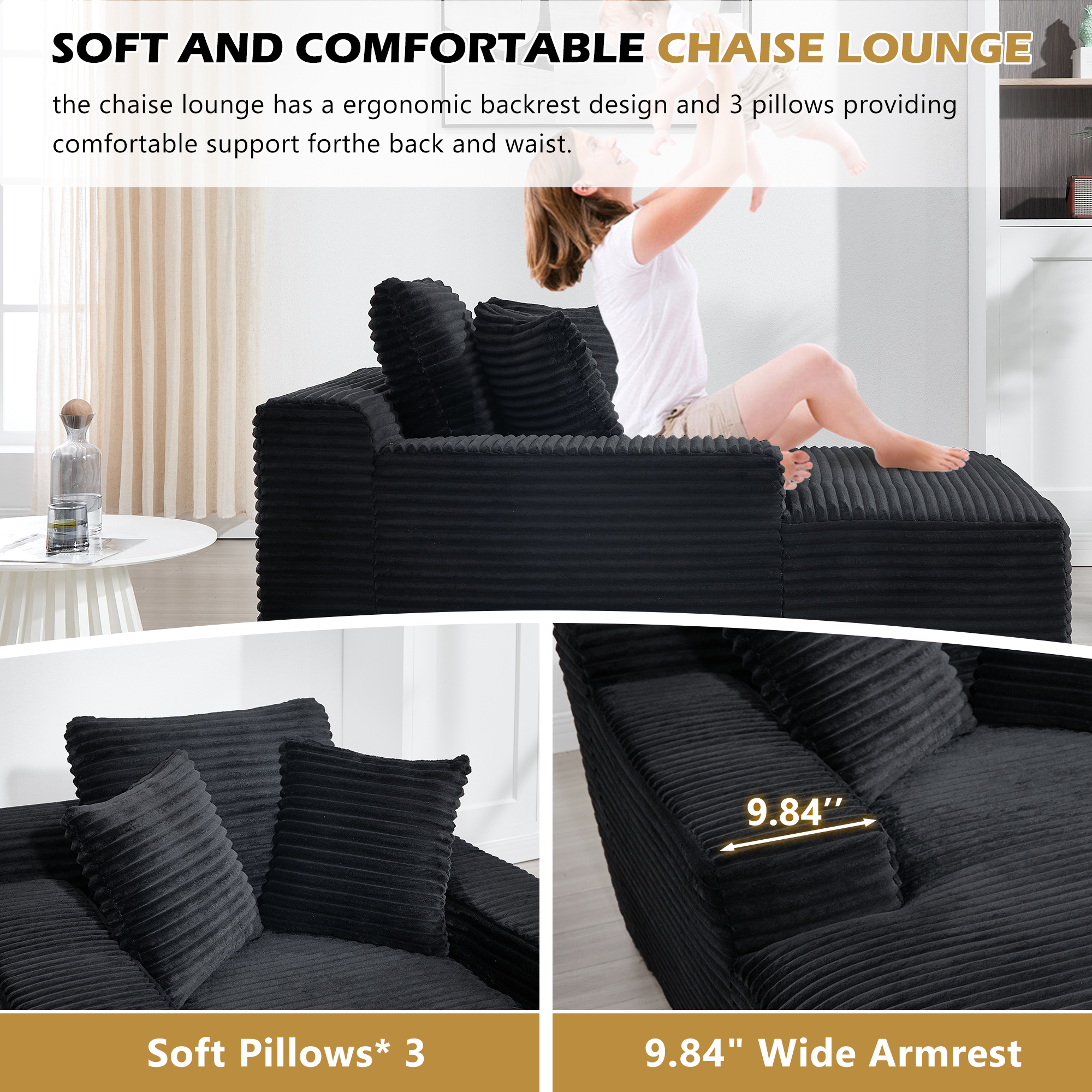 Leumius 67'' Oversized Chaise Lounge Chair Indoor,Cloud Plush Velvet Upholstered Deep Seat Sofa Bed with Back Cushion & Pillows,Cozy Sleeper Sofa Couch for Living Room, No Assembly Required,Black