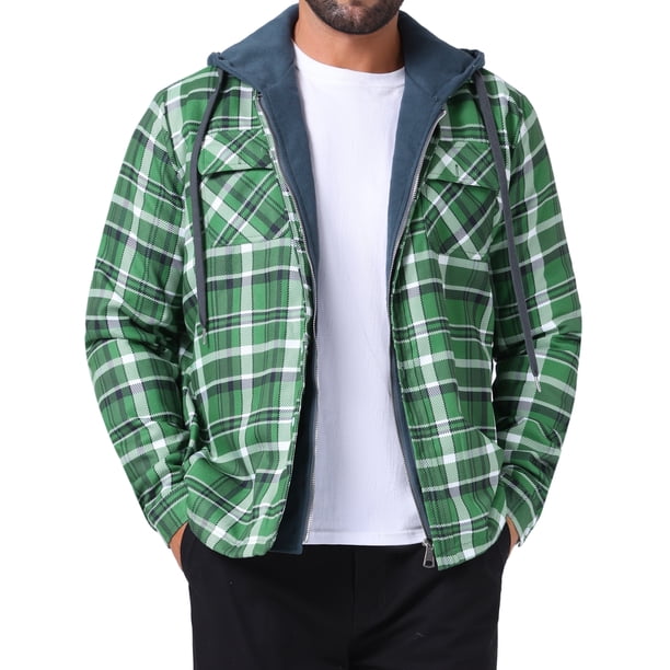 Chaqueta acolchada con capucha y cordón INSPIRE CHIC para hombre, con cremallera, estilo shacket de cuadros, color verde oscuro