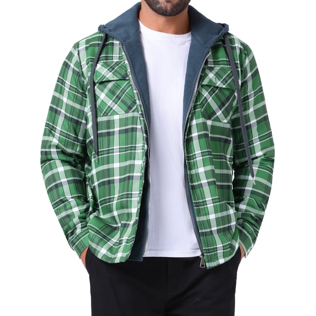 Chaqueta acolchada con capucha y cremallera INSPIRE CHIC para hombre, con cordón, estilo shacket de cuadros, 2XL, verde oscuro