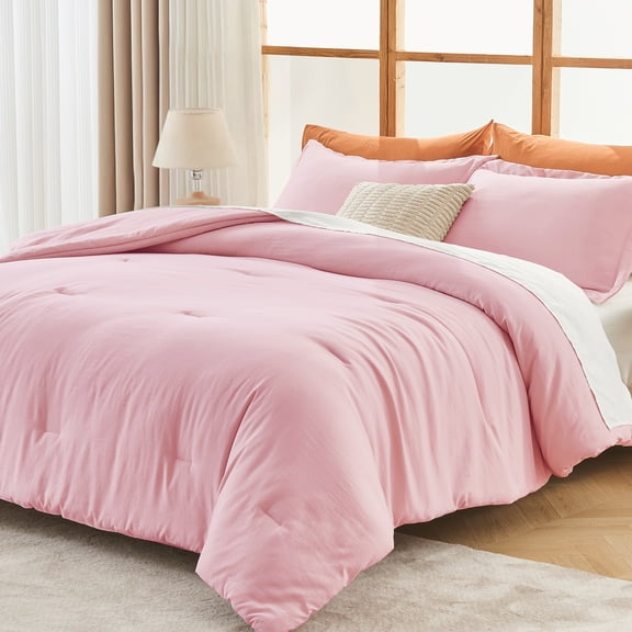 Sasttie Queen Comforter Set Pink, 3 Piece Solid Bedding for All Seasons, Soft and Breathable Down Alternative Bed Set with 2 Pillowshams