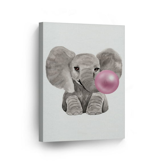 Smile Art Design Cute Baby Elephant Animal Bubble Gum Art Pink CANVAS PRINT Watercolor Painting Wall Art Home Decoration Pop Art Kids Room Decor Nursery Ready to Hang Made in the USA 12x8
