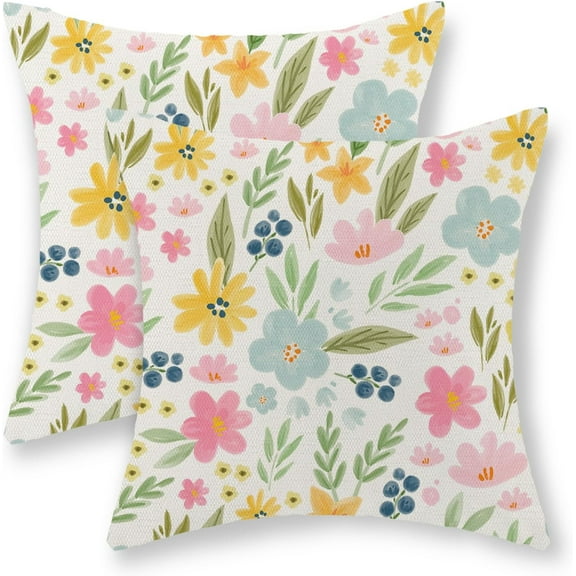 Spring Pillow Covers 18x18 Set of 2, Watercolor Yellow Pink Blue Flowers Throw Pillows Summer Spring Floral Leaf Print Decor Pillowcase Farmhouse Outdoor Decorations Cushion Case for Couch Home