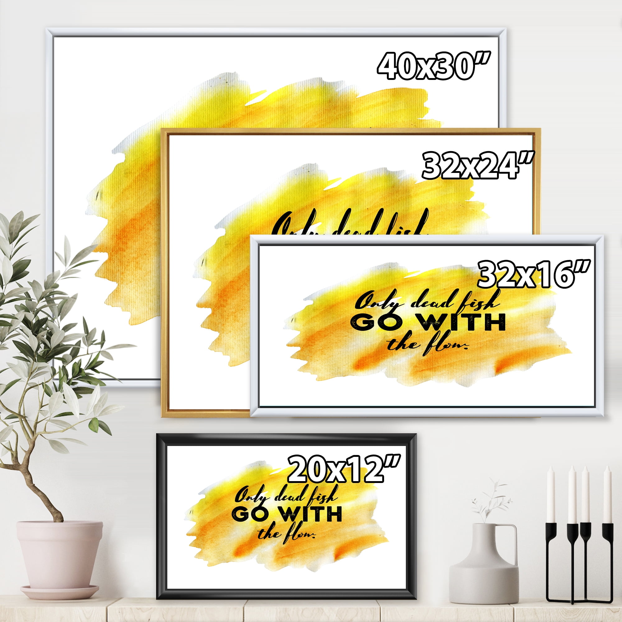 Designart 'Only Dead Fish Go With The Flow On Yellow Strokes' Modern Framed Canvas Wall Art Print