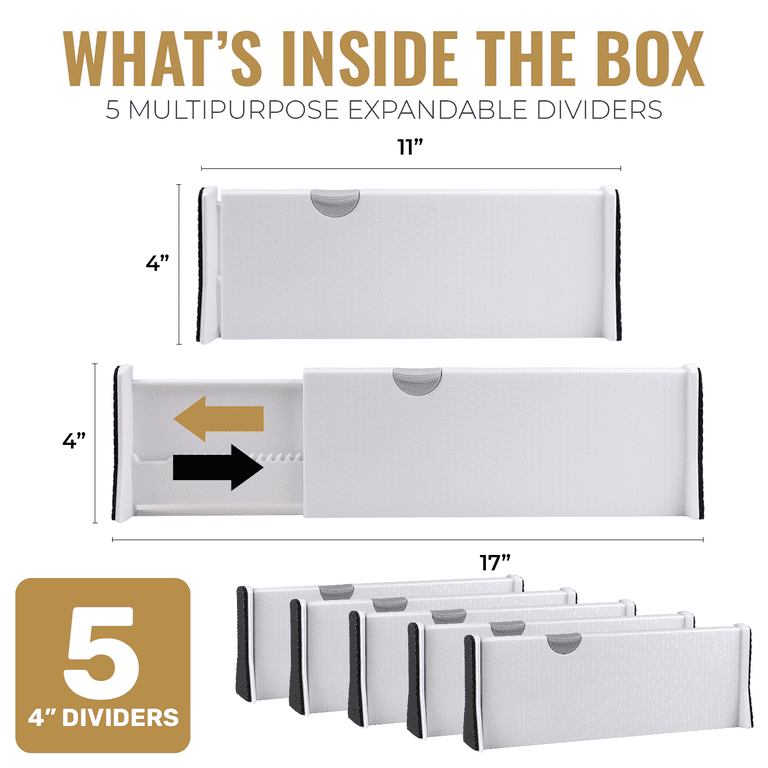 Drawer Divider Set of 4, Adjustable Length 11 - 17 Drawer Organizers,  Locks in Place, Easy-Assemble, Secured, Foam Ends, for Bedroom, Bathroom