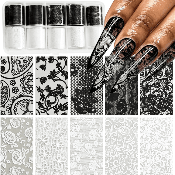 RAGUPEL Lace Nail Foil Sheets,10 Rolls Black White Flower Nail Foils Transfer Nail Art Stickers Holographic Foils for Nail Design Decals Diy Nail Art Supplies