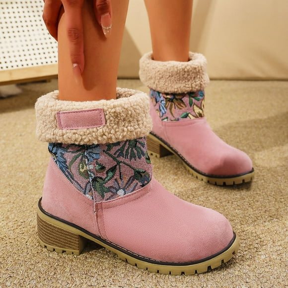 Fankiway Floral Print Boots for Women Thick Heel Fall Winter Fashion Boots Comfortable Casual Dress Boots for Women Pink