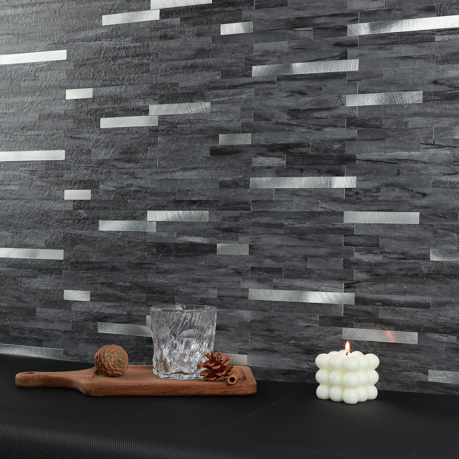 22-Sheet Peel and Stick Backsplash Stone Tile, Self Adhesive Slate Black Grey Linear Stick on Wall Tiles for Kitchen Bathroom(10.44 sq.ft)