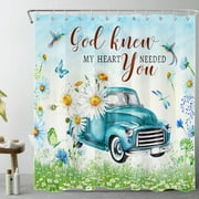HVEST Blue Farm Truck Shower Curtain,Vintage Blue Truck and Rustic Wildflower with Butterfly Bathroom Shower Curtain Farmhouse Spring Polyester Fabric Decor Curtain with Hooks, 69X70 inch