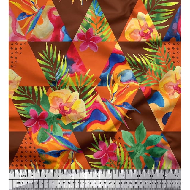 Soimoi Rayon Fabric Check,Leaves & Tropical Flower Decor Fabric Printed Yard 56 Inch Wide