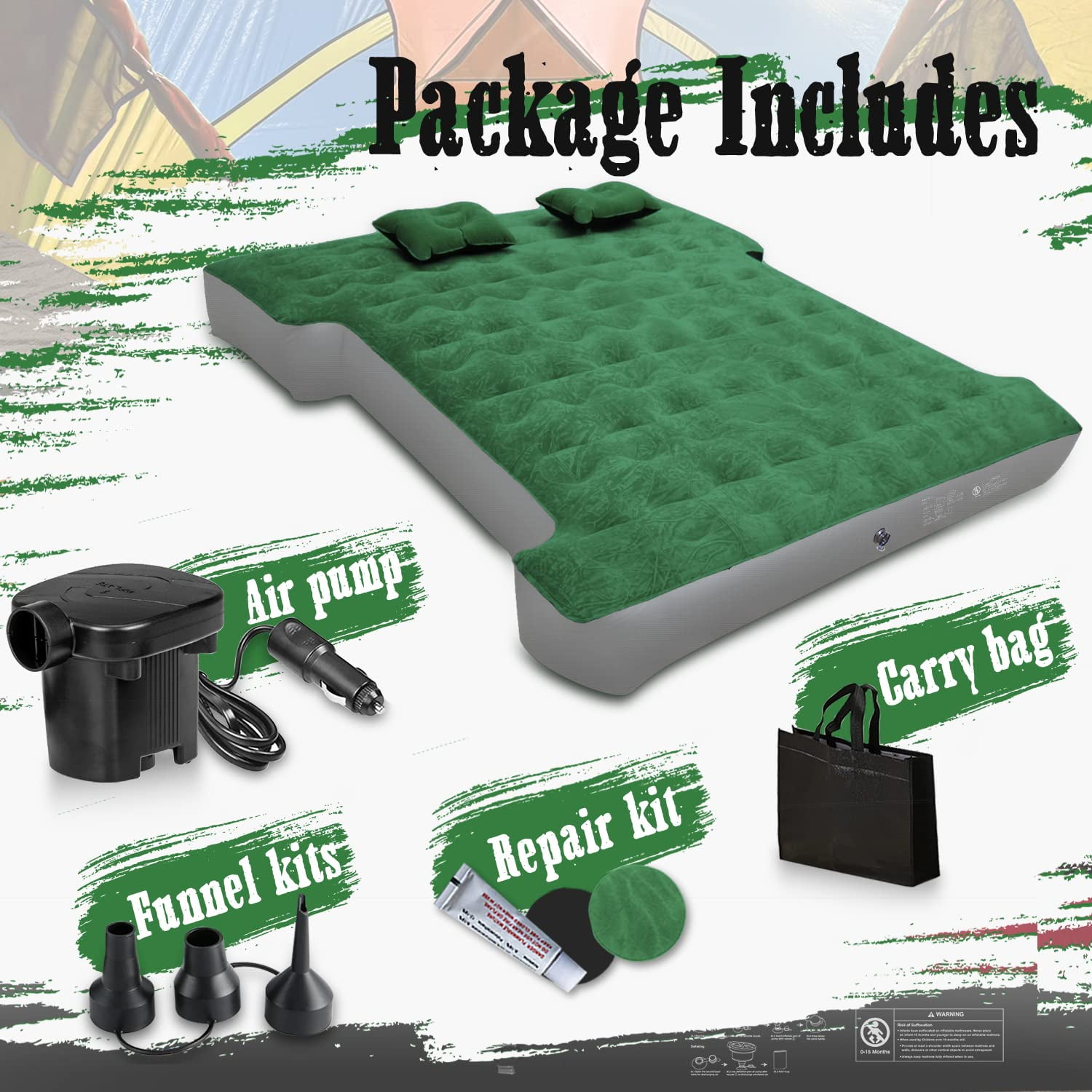 Truck Bed Air Mattress for 5.5'-5.8' Full Size Short Truck Bed Inflatable Camping Mattress with Pump & Carry Bag, Green