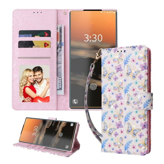 SaniMore for Samsung Galaxy S24 Ultra PU Leather Case with Luxury Flower for Girls Women Stand Feature Card/Cash Slots Detachable Wrist Strap Magnetic Clasp All-inclusive Cover, Buttercup