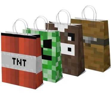 Pixel Miner Crafting Style Party Favor Bags - 16 Pack - Paper Gift Bags For Gamer Birthday Party Supplies - Four Of Each Style - Perfect Birthday Party Goodie Bags