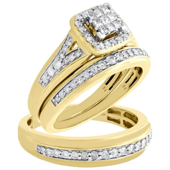 10K Yellow Gold Diamond Trio Set Matching Square Engagement Ring & Band 3/4 Ct.
