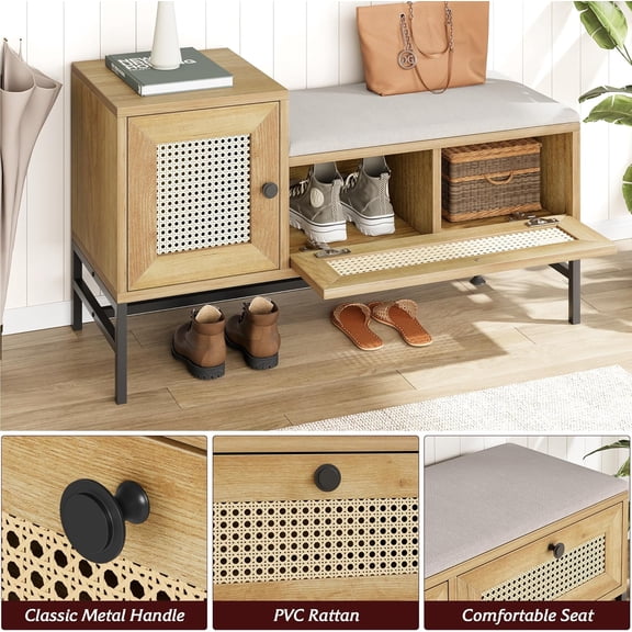 Rattan Shoe Bench Entryway Bench with Storage Drawer & Cabinet, Wooden Bench with Linen Cushion for Hallway, Oak