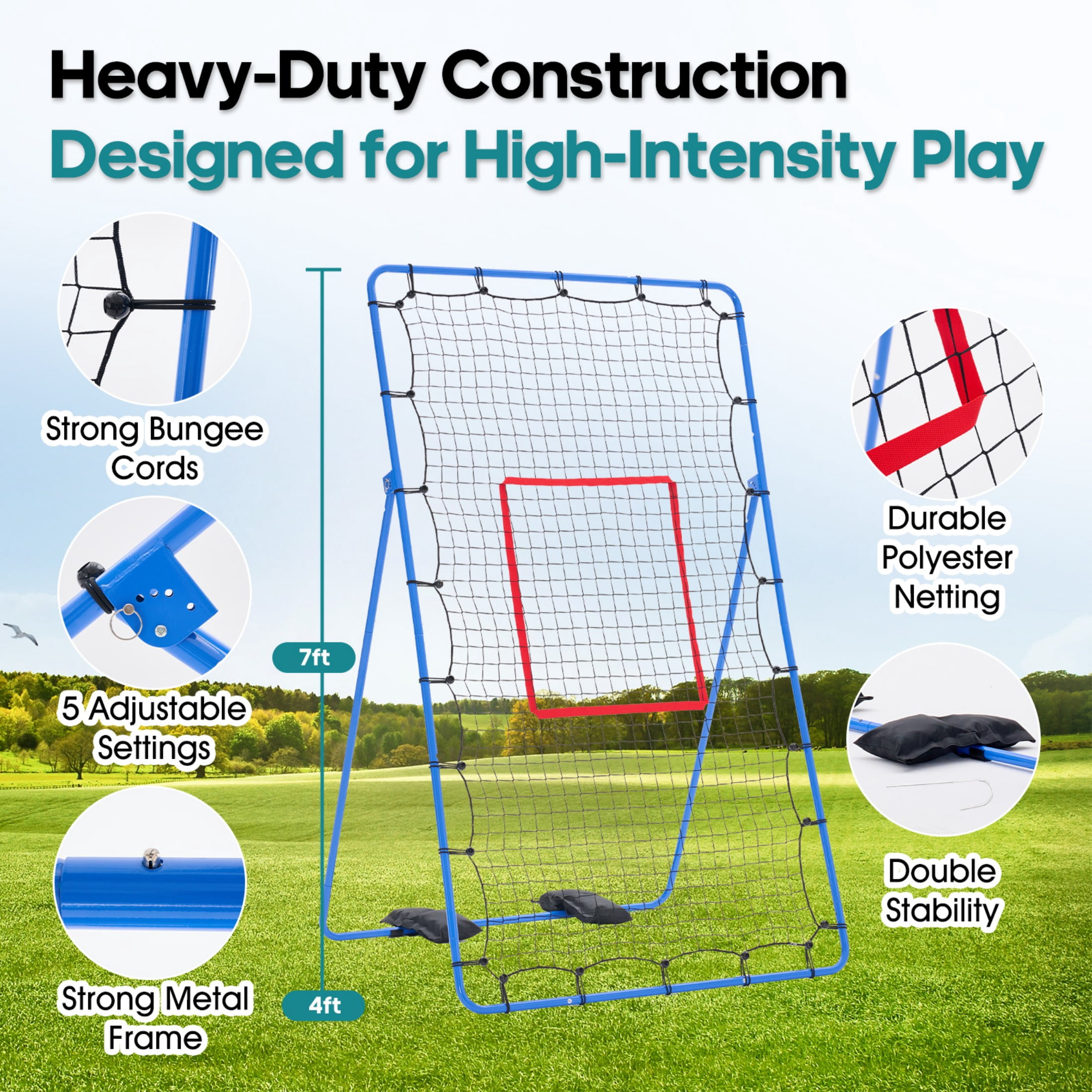 SHOUFTW 7x4 ft Volleyball Rebounder Net-Multi-Sport Training Bounce Back Net with Carry Bag, 5 Angle Adjustments for Indoor & Outdoor Practice, Blue