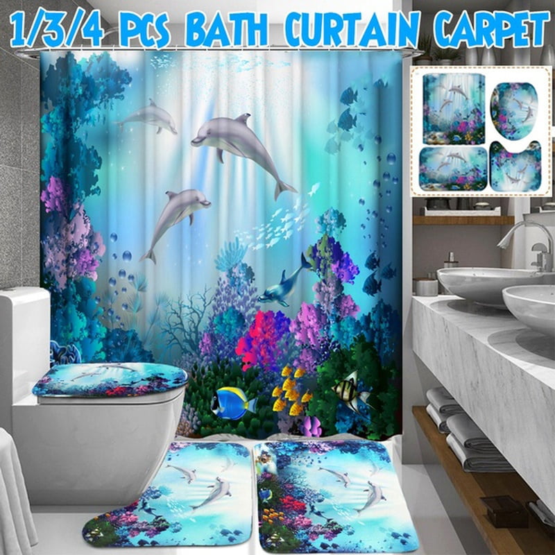 New Dolphin Printing Bathroom Shower Curtain Toilet Cover Mat Non-Slip Rug  D 