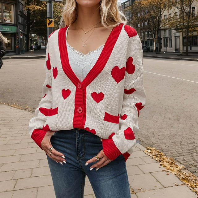 Qetyuw Womens Knit Sweater Cardigan Heart Printed Long Sleeve Open Front Cardigans Button Down Casual Loose Coat