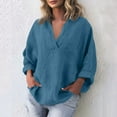 thumbnail image 4 of Womens V Neck Shirts Linen Cotton Long Sleeve Blouse Tunic Tops Cover Up Shirt Loose Beach Bikini Dress Blue 3XL, 4 of 6