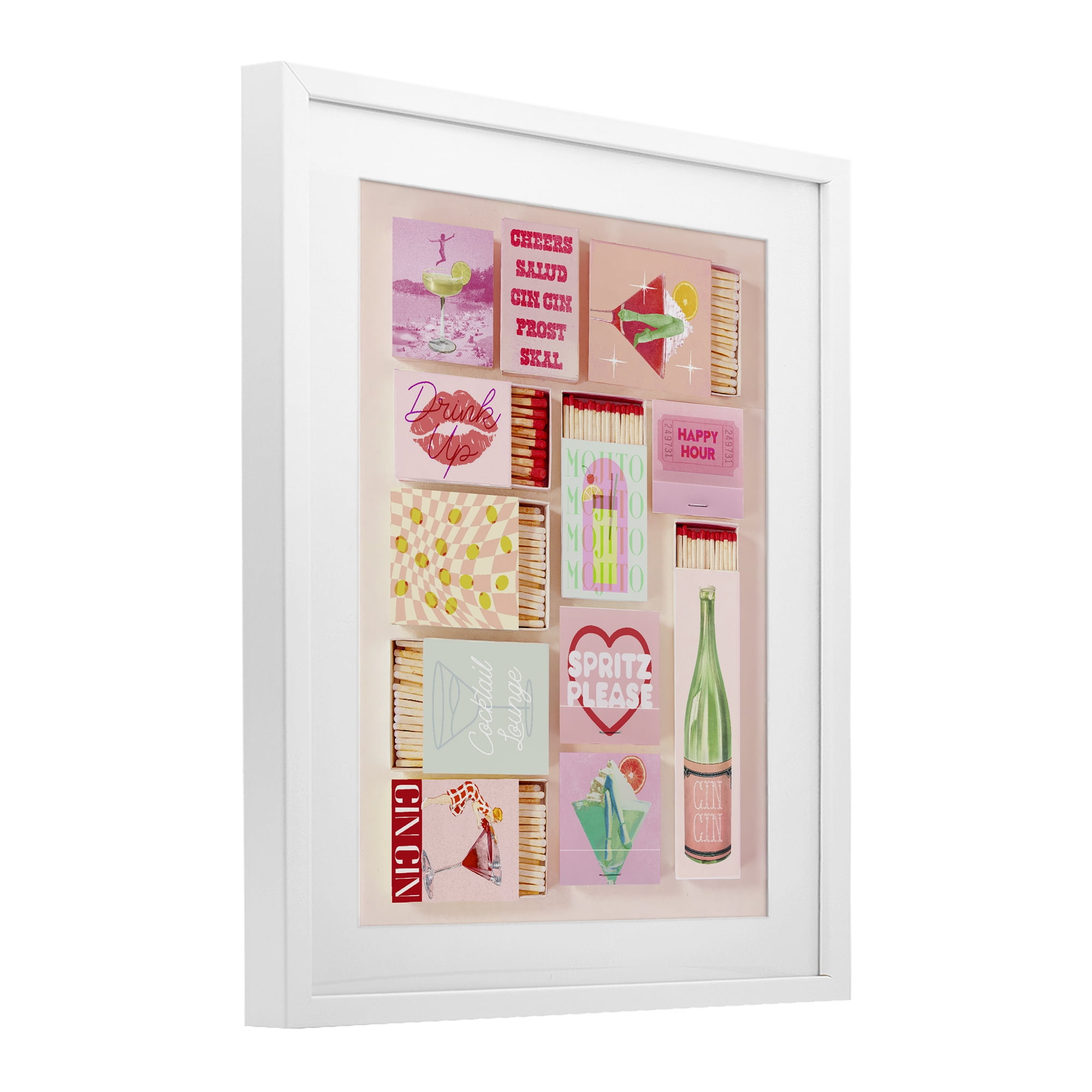 Glam Cocktails Retro Matches White Framed Print Under Glass, design by Lil' Rue