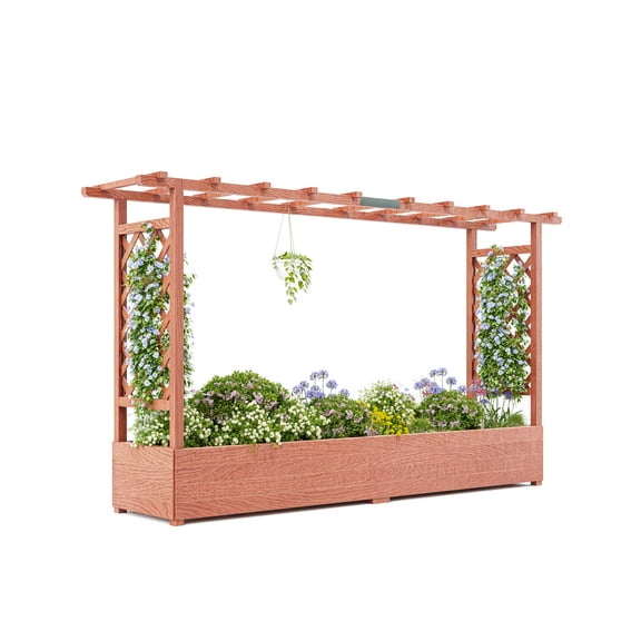Wooden Elevated Garden Bed with Trellis & Canopy - Planter Box with Side Supports & Drainage for Climbing Plants, Vines & Flowers, 79"x17"x45"