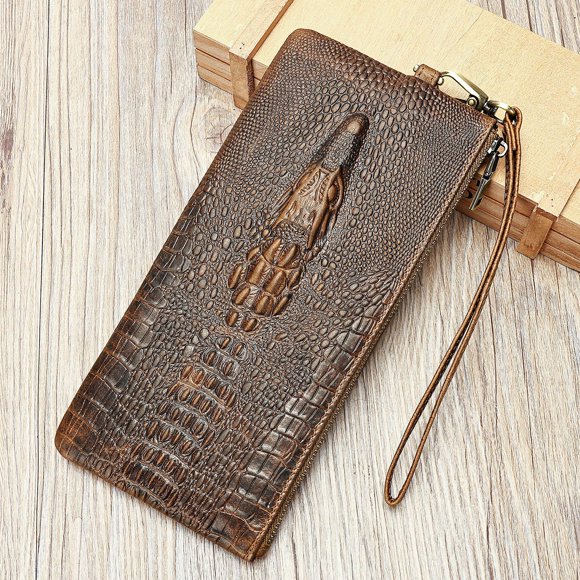 Tonnylam Cartera vintage de piel auténtica, cartera larga de piel de vacuno con estampado de cocodrilo para hombre, cartera de negocios con múltiples ranuras para tarjetas