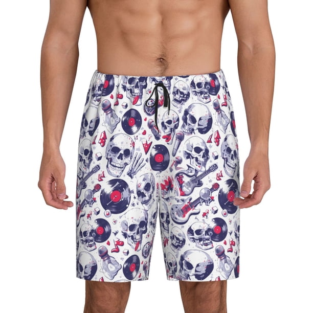 Balery music Skull record mike Pantalones cortos de pijama de punto de algodón para hombre con cinturilla y bolsillos-Large