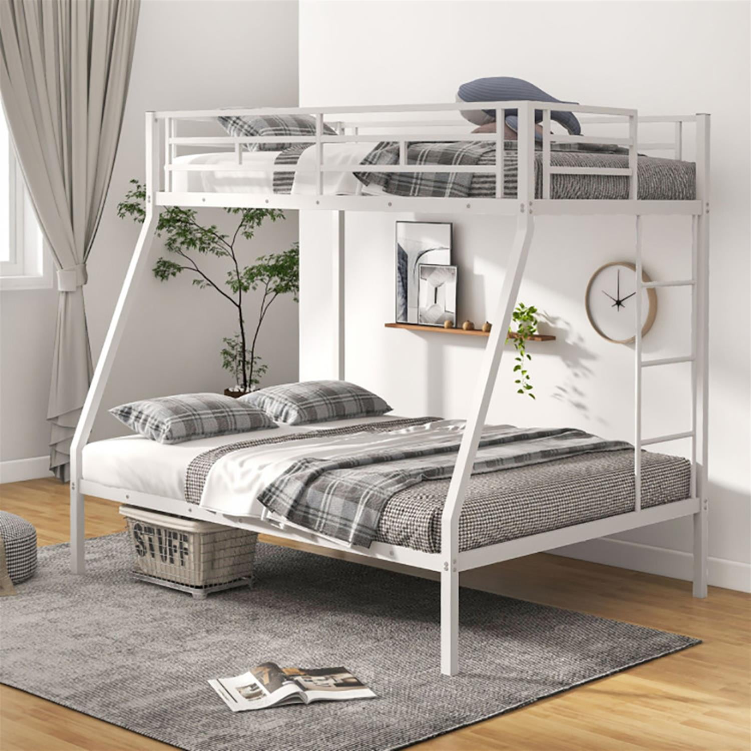 Demi Bonn Twin Over Full Bunk Bed with Safety Rail and Ladder, Twin Bunk Beds, Space-saving Metal Slatted Bed Frame, No Box Spring Needed, White