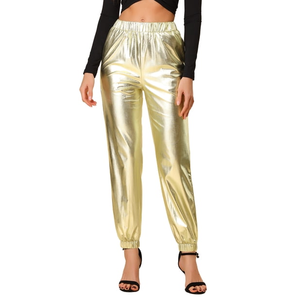 INSPIRE CHIC Pantalones metálicos holográficos brillantes de cintura alta para mujer de fiesta 2XL dorados