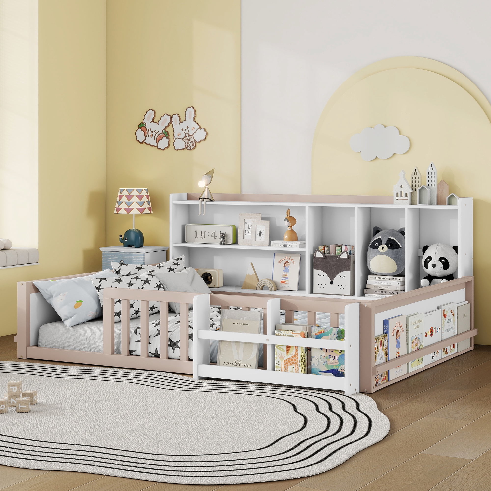 Mintazer Full Size Montessori Floor Bed with Bookshelf & Guardrails, Kids Platform Bed Frame with Storage Cubbies for Bedroom, White & Natural