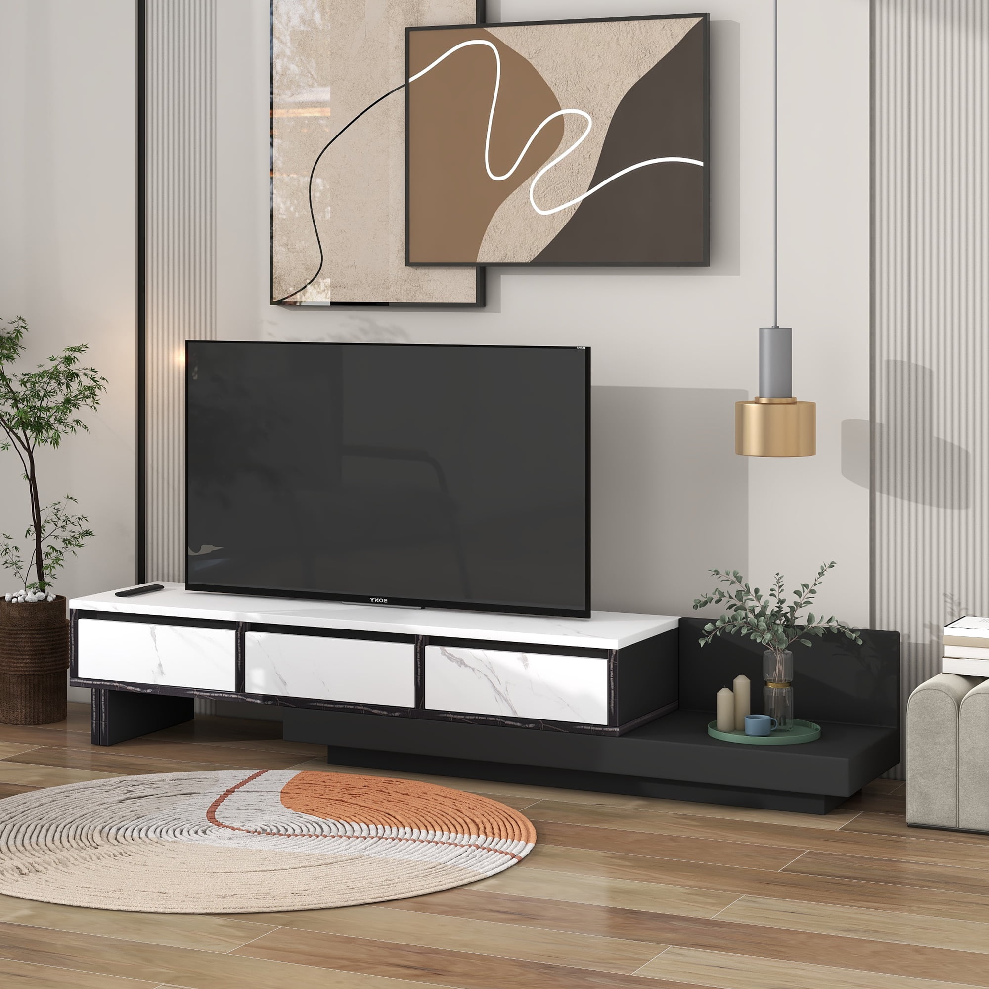 TV Stand White Media Console , Modern Retractable TV Stand with 3