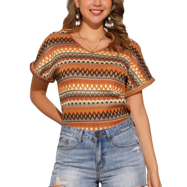 INSPIRAR CHIC Blusa de Playa de Vacaciones Geométrica de Mujer Boho de Crochet con Espalda Hueca y Cuello en V XS Naranja