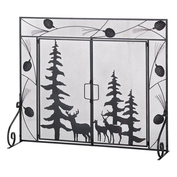 Decorative Iron and Mesh Metal Fireplace Screen, Woodland Forest, 38x4.5x31.25