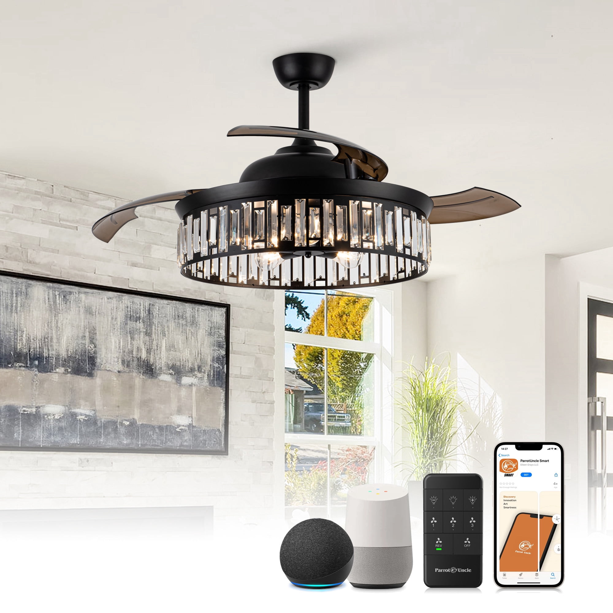 Parrot Uncle 52" Black Farmhouse Ceiling Fan With Light & Remote - Outdoor Rated For Covered Patios, Reversible Motor