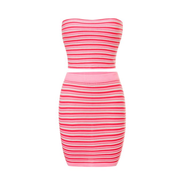 VISgogo, ropa de verano para mujer, Tops cortos de tubo sin tirantes a rayas con conjunto de falda de cintura alta informal VISgogo moda
