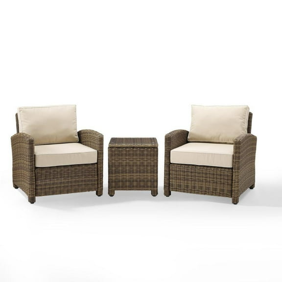 Crosley Brands Bradenton 3Pc Outdoor Wicker Conversation Set Sand/Weathered Brown - 2 Arm Chairs, Side Table